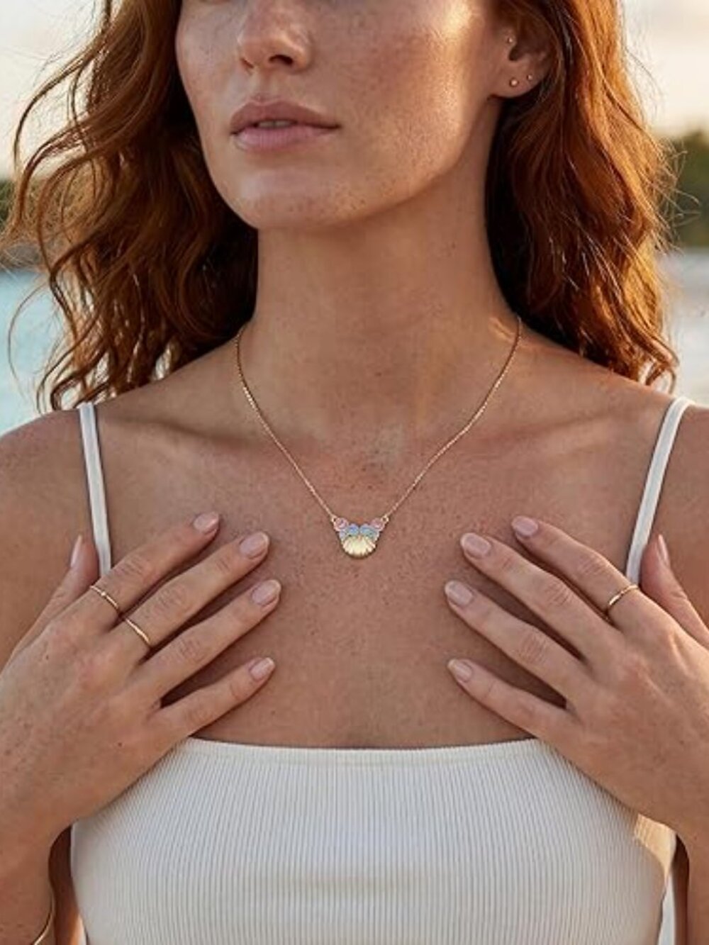Neiman Marcus 14K Gold Plated Waterproof Crystal Seashell Necklace